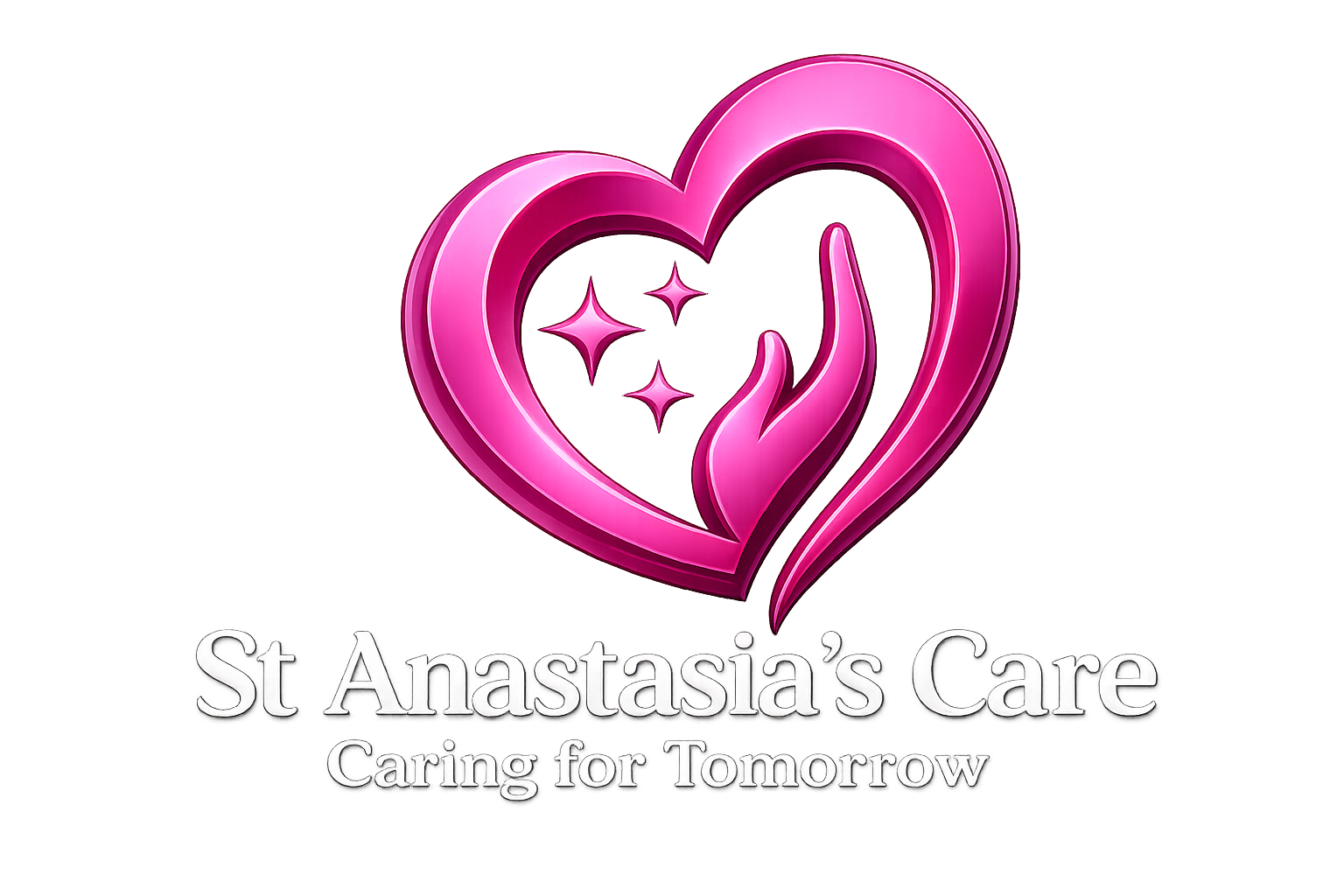 Pink heart logo with hands and sparkles, reading “St. Anastasia’s Care” and “Caring for Tomorrow”