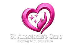 Pink heart logo with hands and sparkles, reading “St. Anastasia’s Care” and “Caring for Tomorrow”