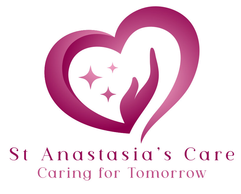 Pink heart logo with hands and sparkles, reading “St. Anastasia’s Care” and “Caring for Tomorrow”