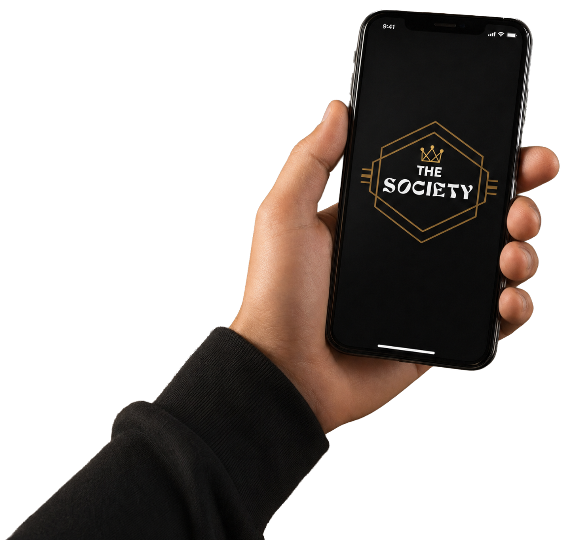 Hand holding a smartphone displaying The Society logo on a black screen