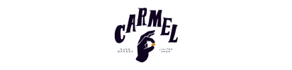 Purple “CARMEL” logo with a stylized dark horse head on a white background