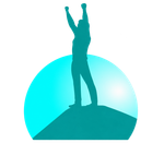 Silhouette of a person standing on a hill with arms raised inside a turquoise circle