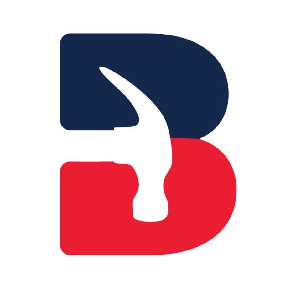 Stylized red and navy letter B logo with a white curved shape through the center