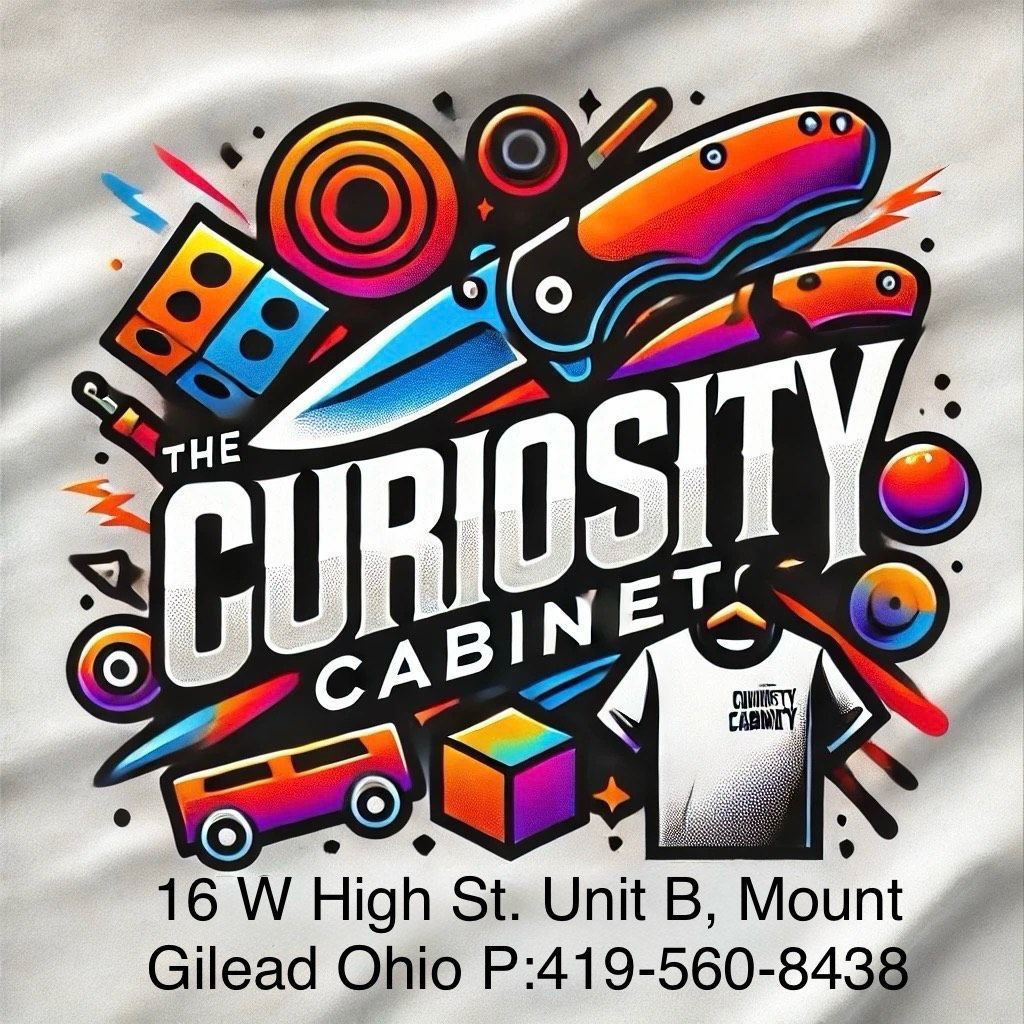 Colorful “The Curiosity Cabinet” logo with abstract art and Mount Clemens, MI address text.