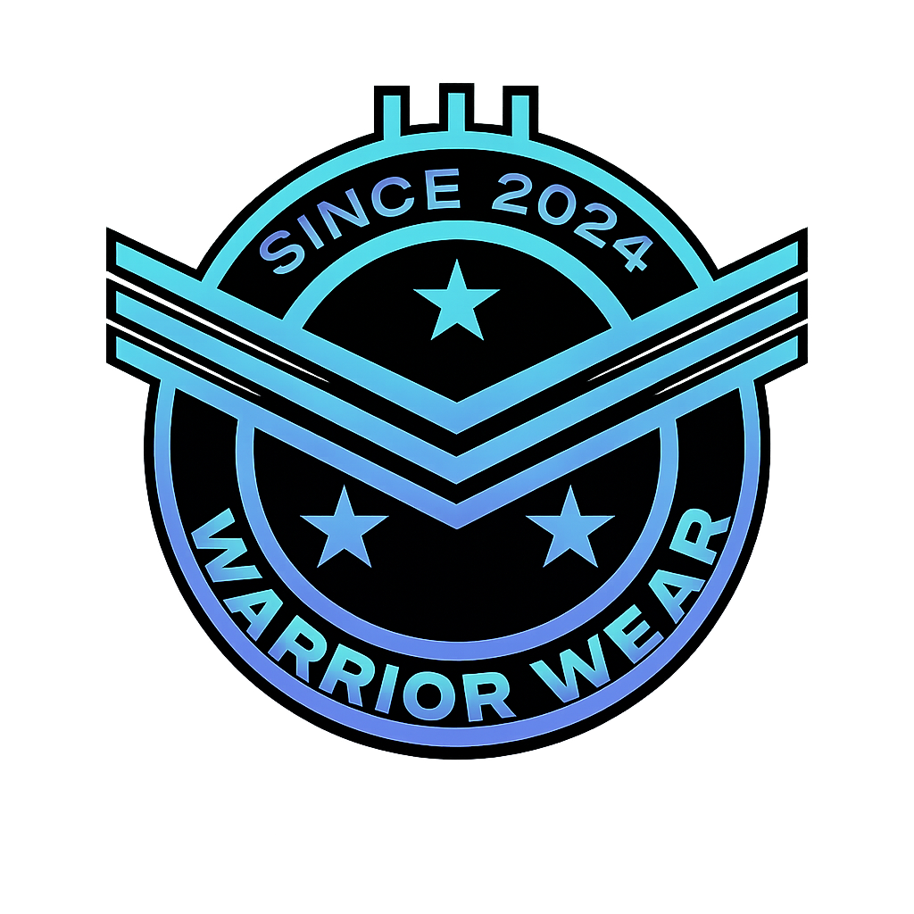 Black and cyan Warrior Wear logo with stars and “Since 2024” text on a circular badge