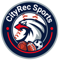 CityRec Sports logo with eagle, baseball, basketball, football, and soccer ball on navy background