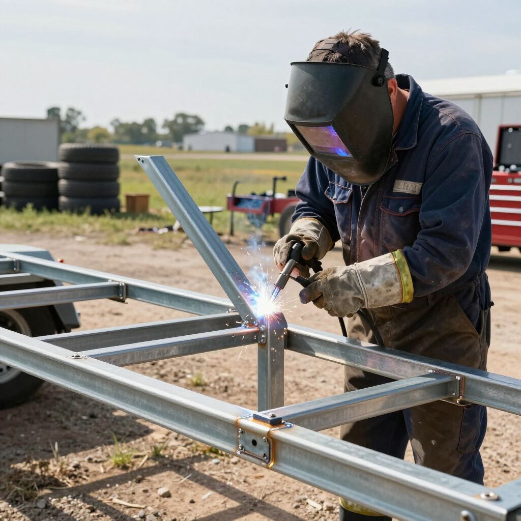Trailer repair expert welder in protective gear welding a metal frame outdoors, with sparks flying.