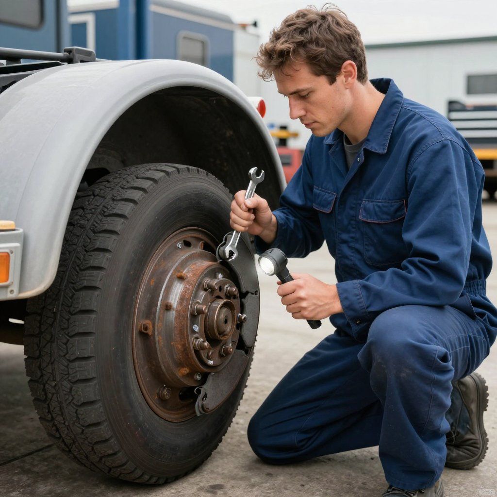 Trailer repair expert tightening a truck wheel lug nut with a wrench outdoors