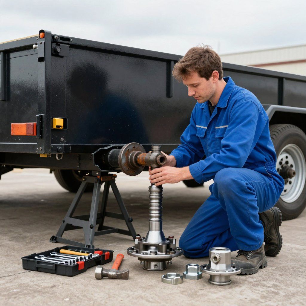 Mechanic in blue coveralls repairing a trailer axle with tools on the ground