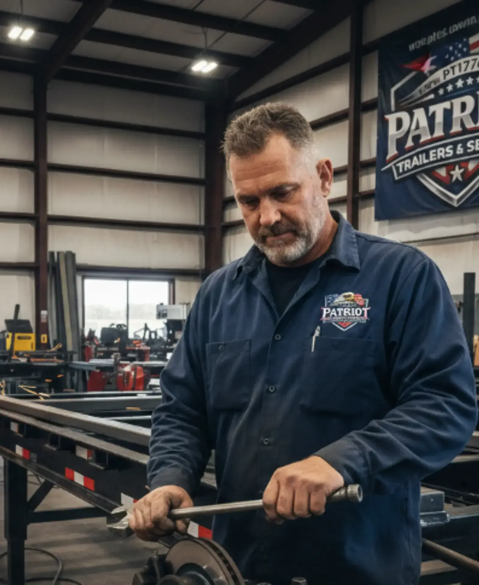 Patriot Trailers & Service  trailer repair expert in blue shirt using a hand tool in a trailer workshop
