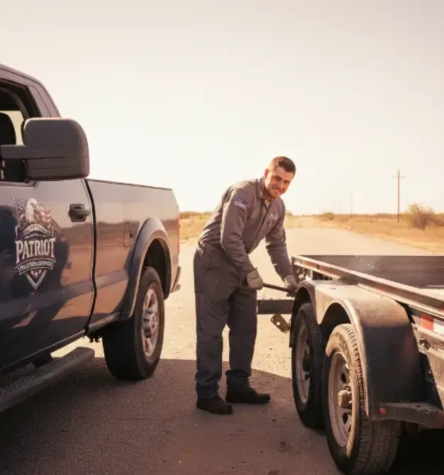 Smiling Patriot Trailers & Service  repair  worker in coveralls repairing a trailer beside a company truck on a roadside.