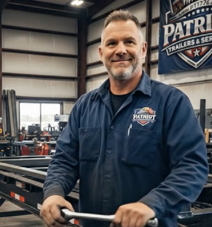 Smiling Patriot Trailers & Service trailer repair worker in a blue jacket at a trailer shop,