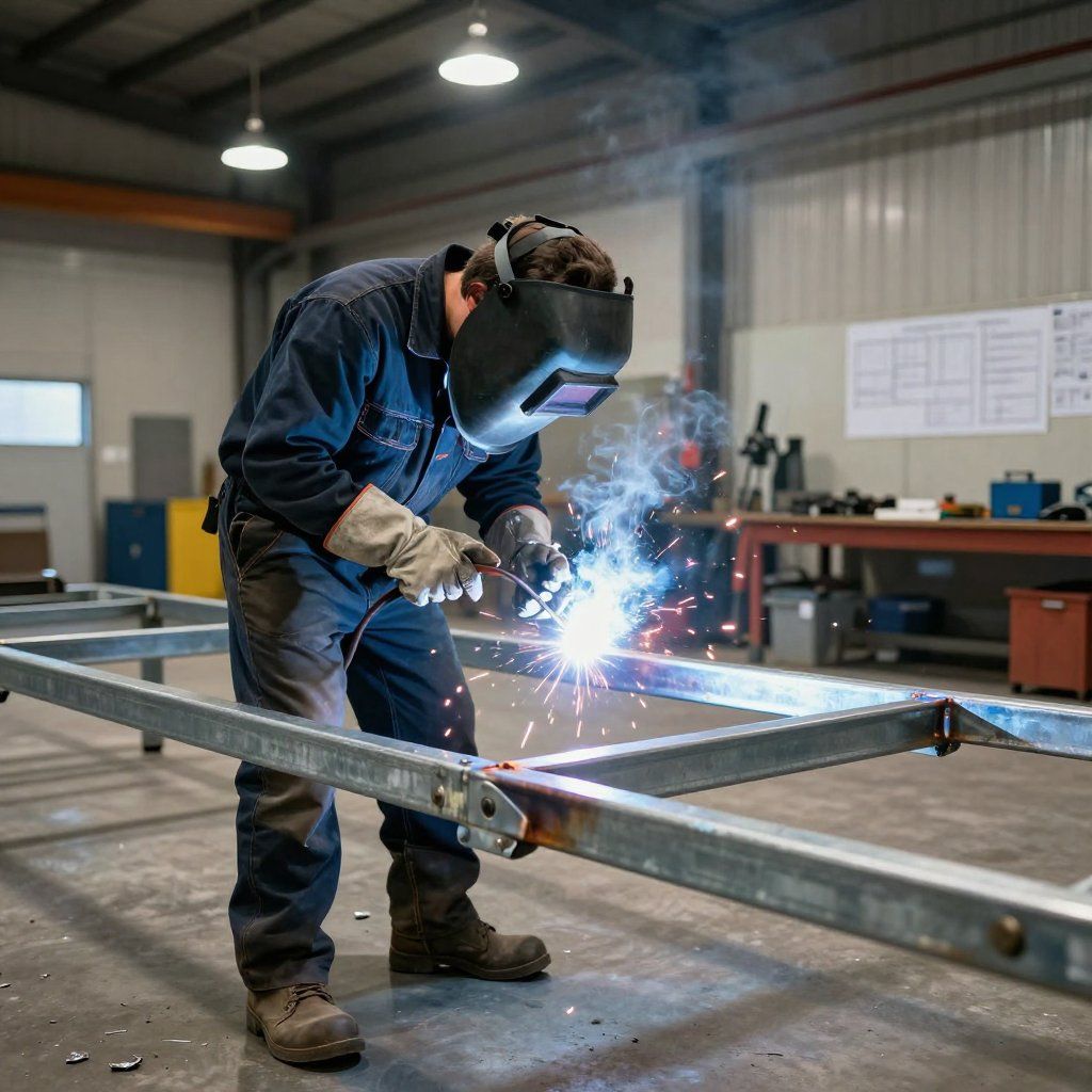 Welder in protective gear welding a metal frame in an industrial workshop, sparks flying