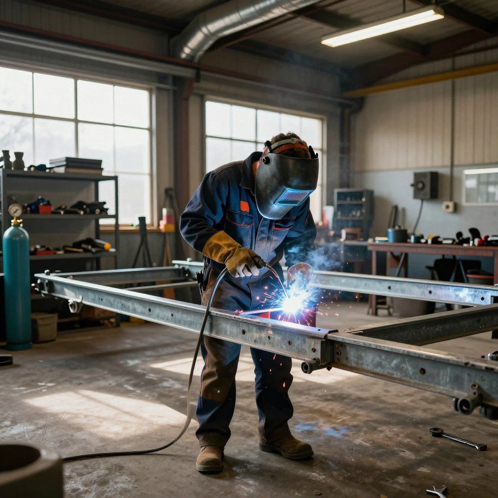 Welder in safety gear sparks metal frame in a workshop with a welding torch
