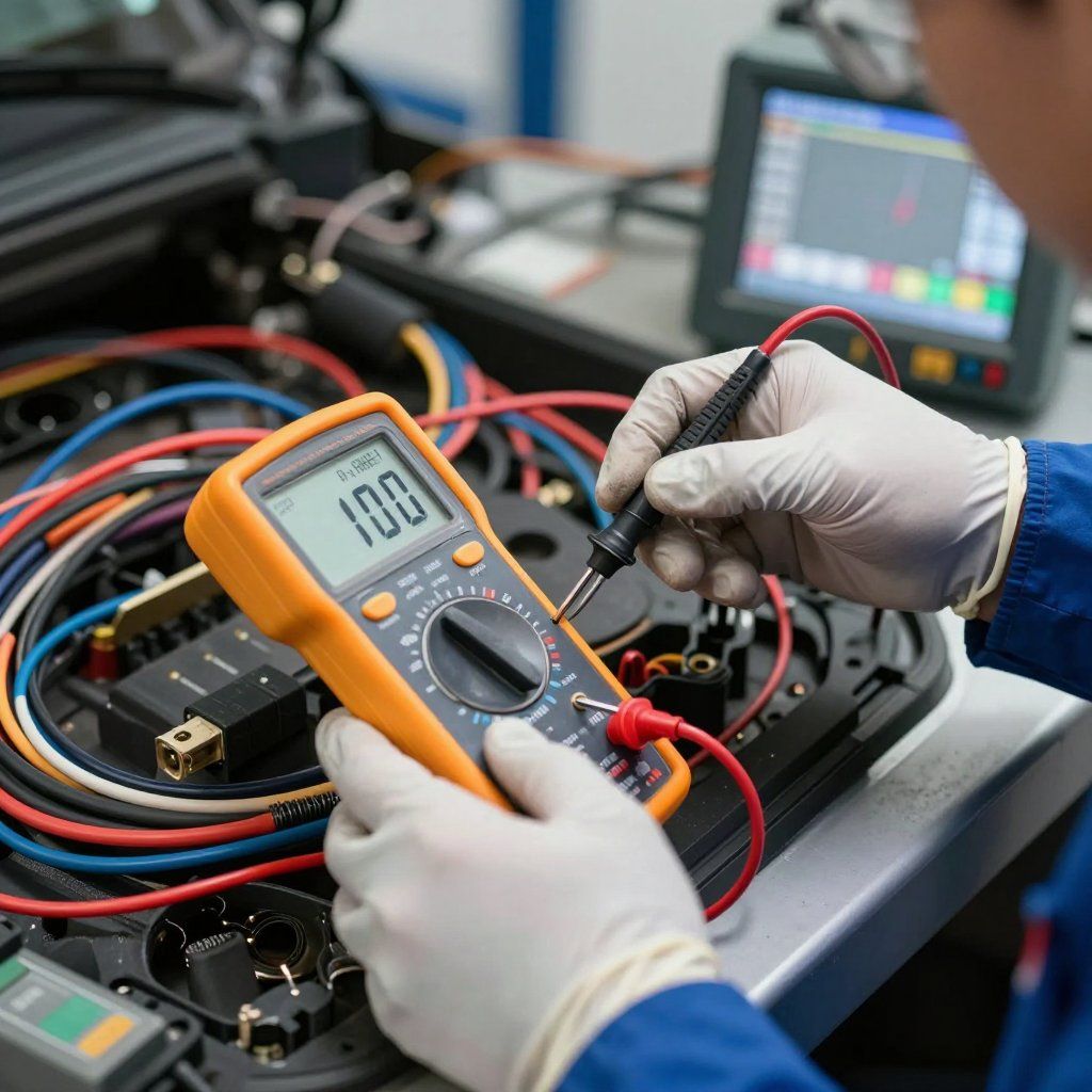 Trailer repair expert technician testing electronics with a digital multimeter amid tangled wires on a workbench