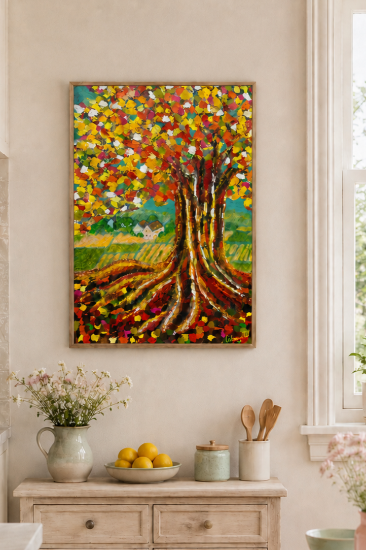 Lili Meets van Gogh van kunstenares Lilian Dijkhuis (liliartist) is een schilderij waarbij haar liefde voor bomen en het werk van van Gogh samenkomen. Zij maakt gebruik van Hoogwaardige Acrylverf op canvas en werkt met heldere sprekende kleuren.