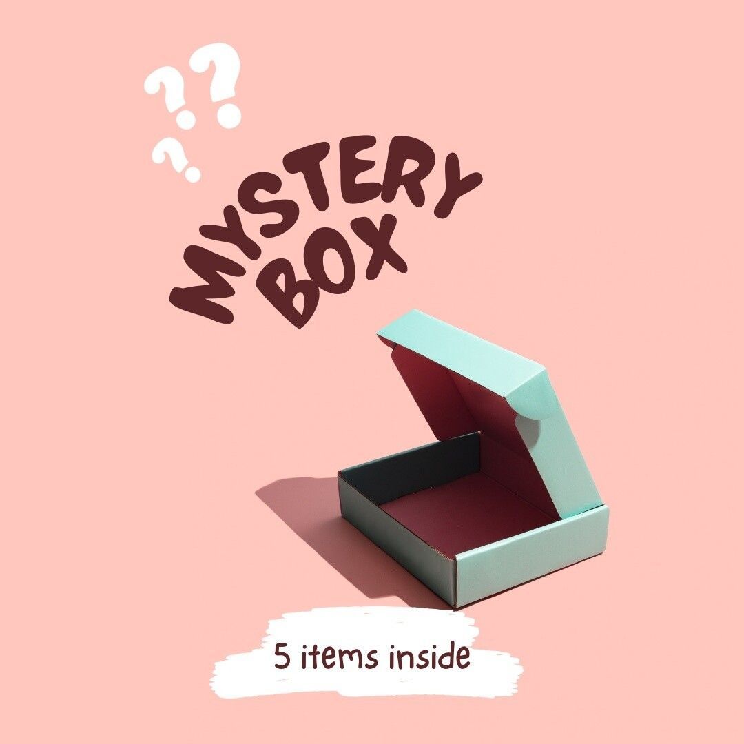 A mystery box with 5 items inside on a pink background