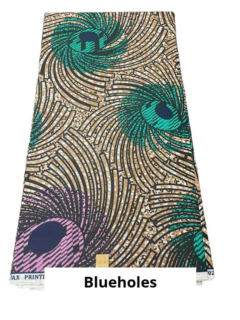 Blue, teal, and black spiral-patterned fabric with the label “Blueholes” at the bottom.