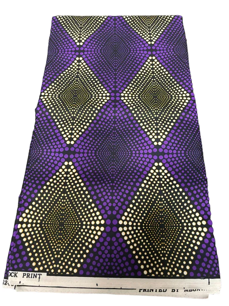 Purple patterned fabric with yellow diamond shapes and black dotted accents