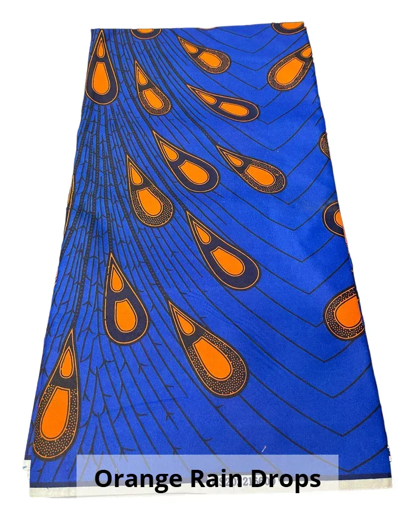 Blue fabric with orange teardrop raindrop pattern