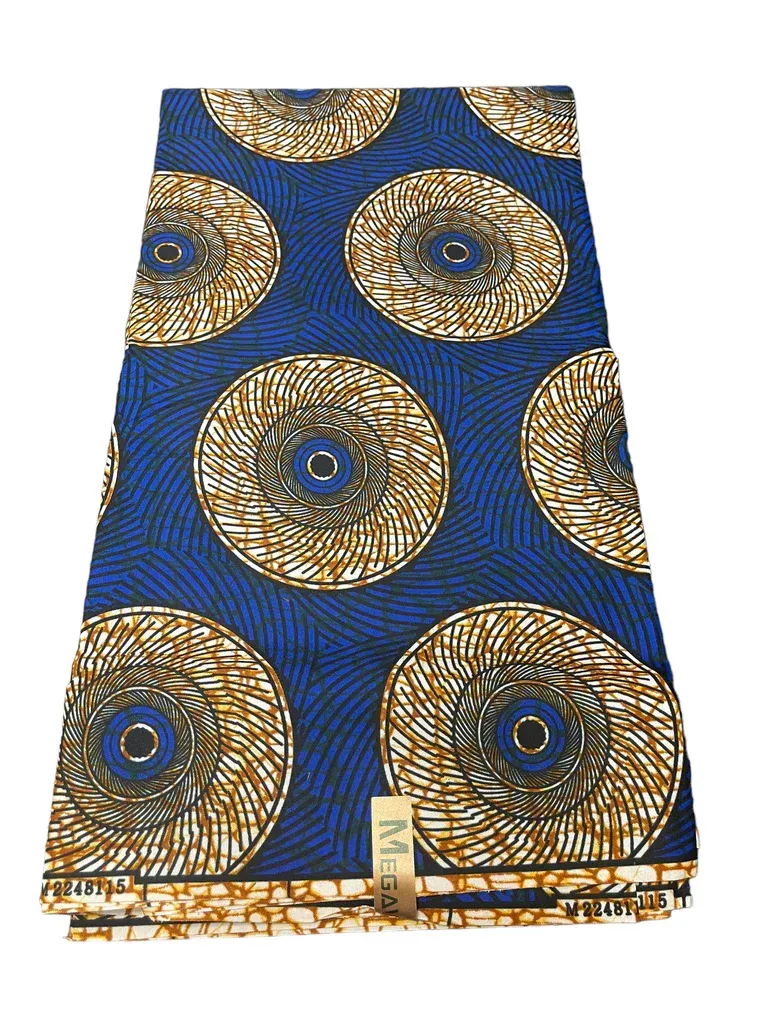 Blue patterned skirt with gold circular designs and a front slit at the hem