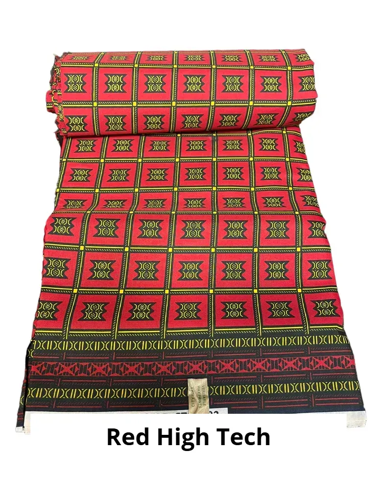 Red and black patterned textile with geometric squares and green accents, labeled “Red High Tech”