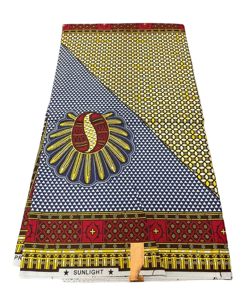 Colorful patterned woven fabric with blue, yellow, red, and black geometric designs