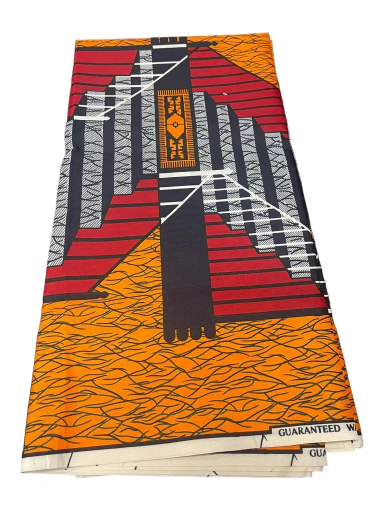 Abstract orange, red, and black graphic with a central black structure and white diagonal lines on a poster-like surface
