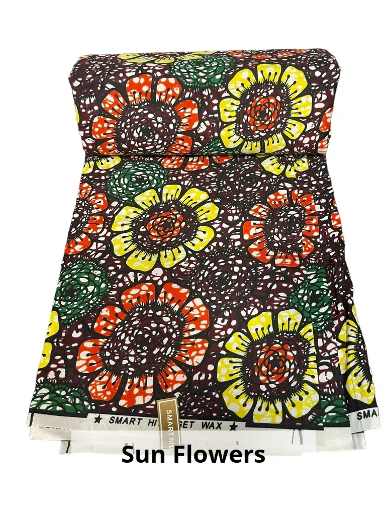 Colorful sunflower-patterned upholstered chair in black, yellow, orange, and green