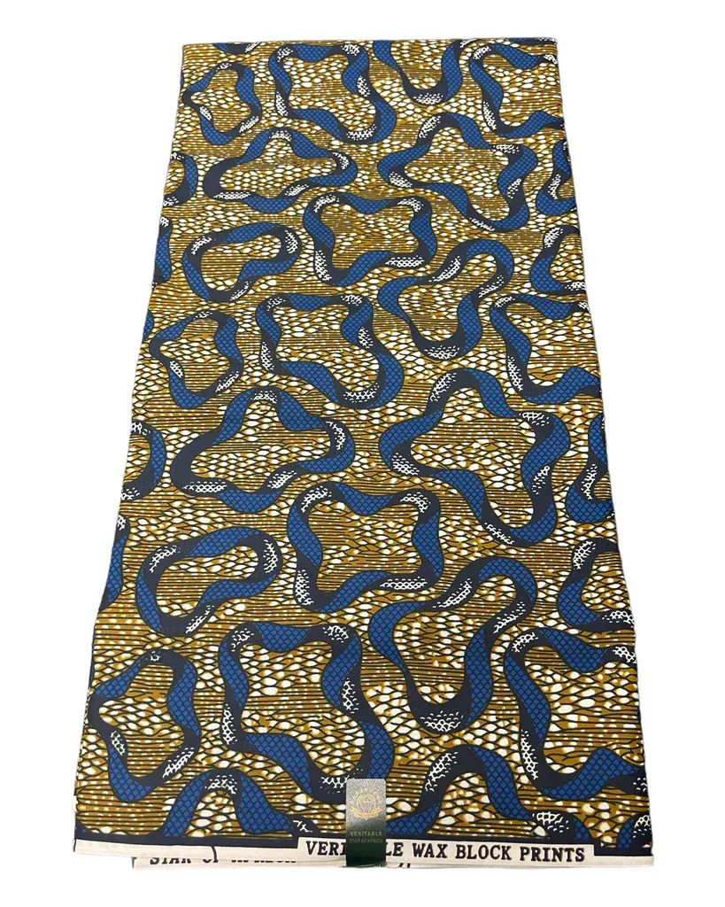 Blue and gold abstract patterned fabric with wavy, snake-like motifs