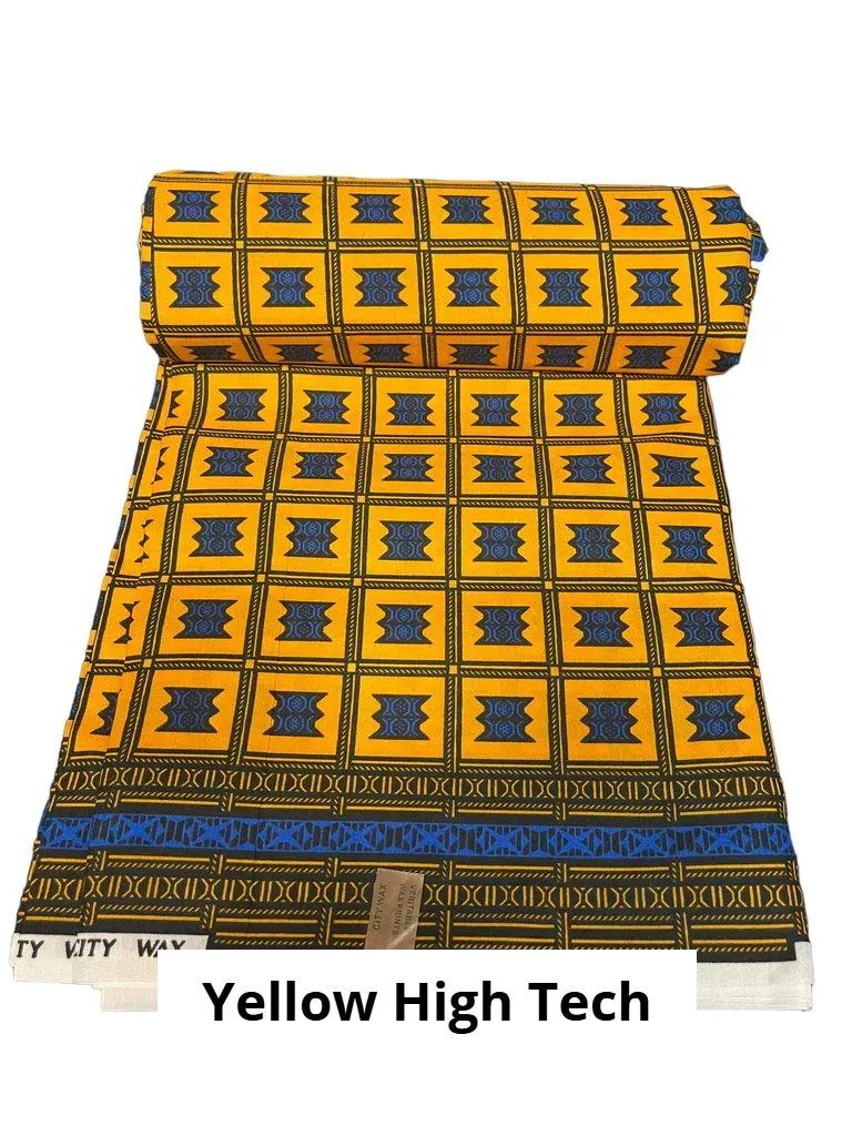 Yellow and black patterned textile with geometric squares and rolled top edge