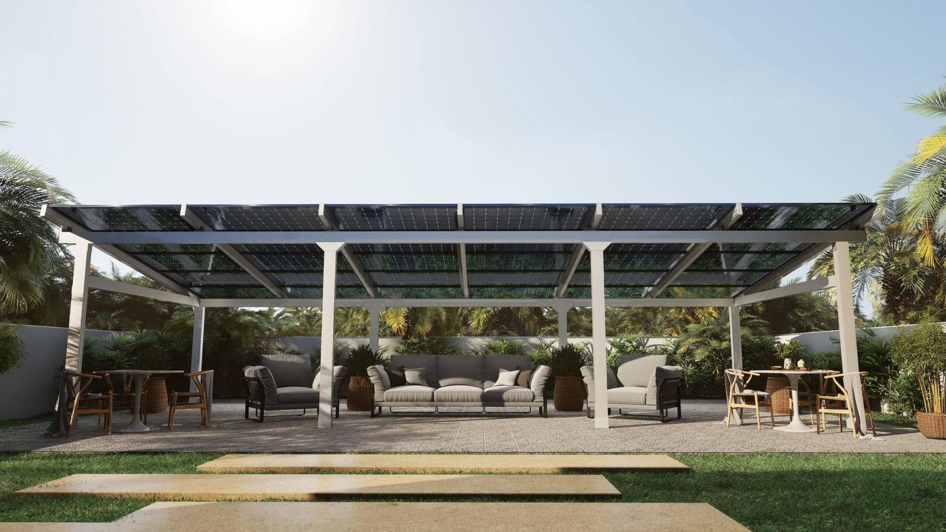 Covered outdoor patio with pergola, benches, and lounge chairs in a sunny garden courtyard
