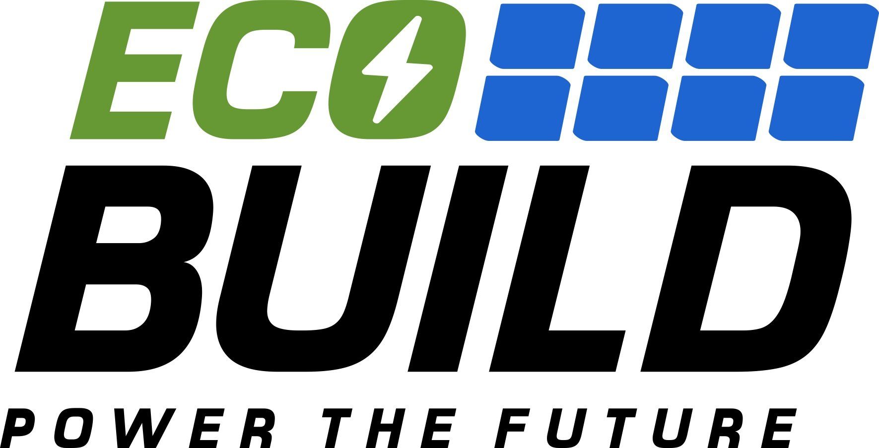 ECO Build logo with green and blue blocks and the slogan “Power the Future”
