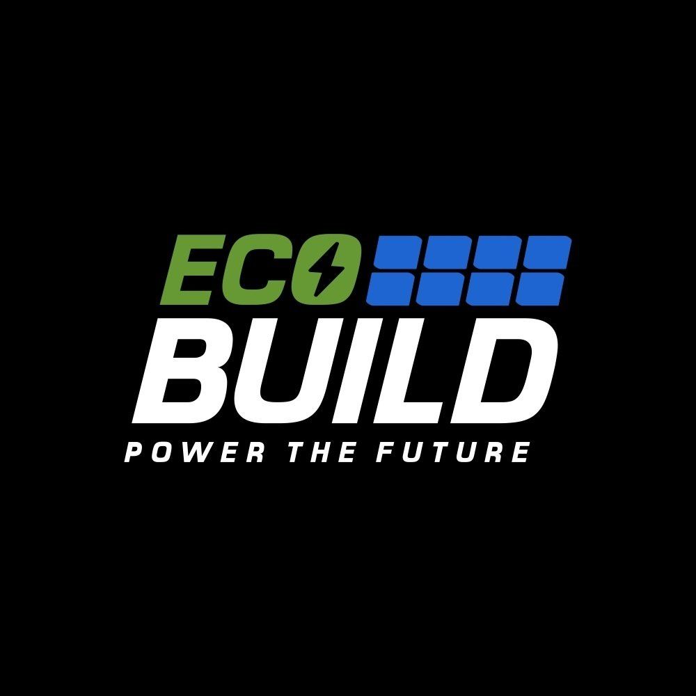 Eco Build logo with green and blue lettering and slogan “Power the Future” on a black background