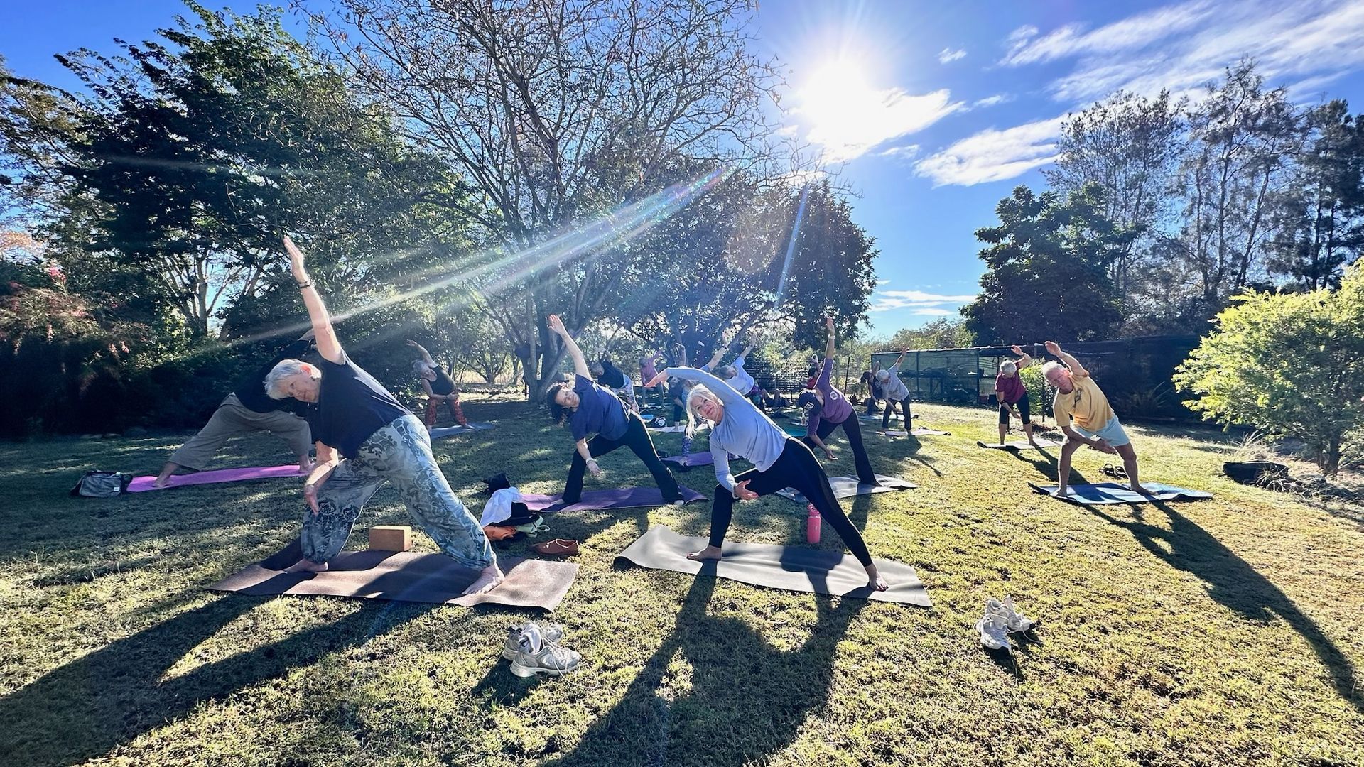 Group doing yoga stretches outdoors on a sunny lawn with trees and long shadows
