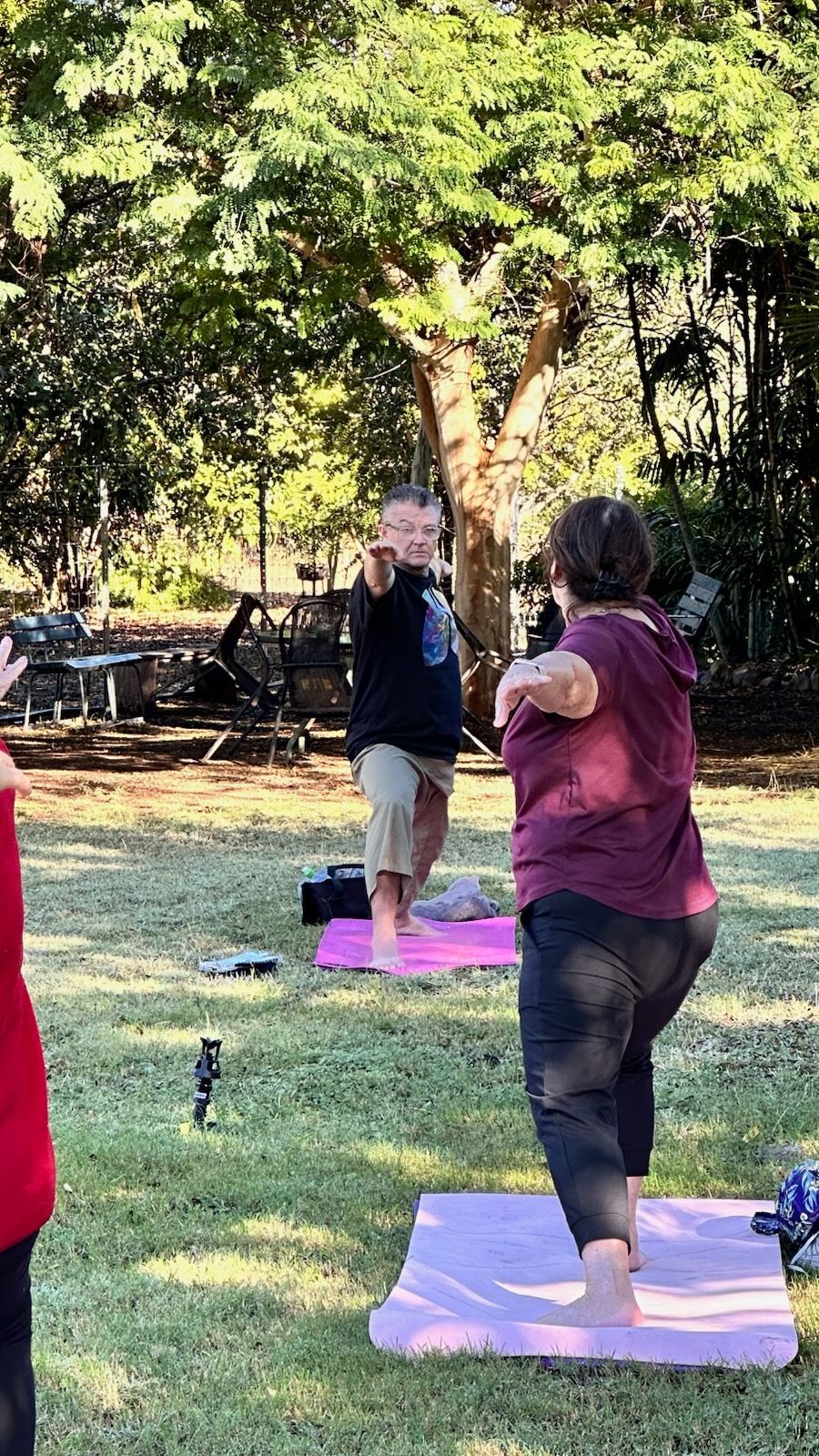 People practising yoga outdoors on mats in a sunny park.