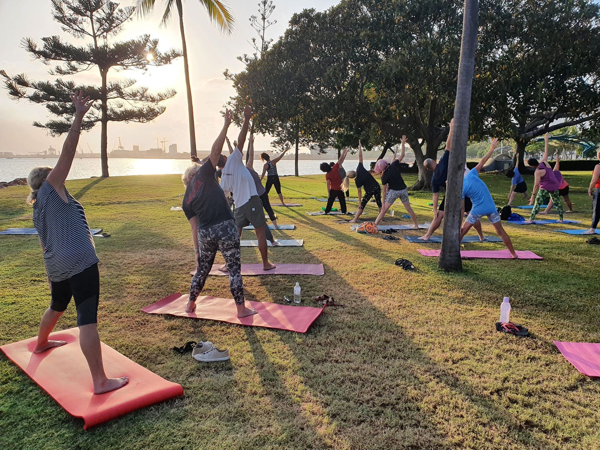 People Doing Yoga on Mats in a Grassy Park Near the Water — Skilful Living in North Ward, QLD