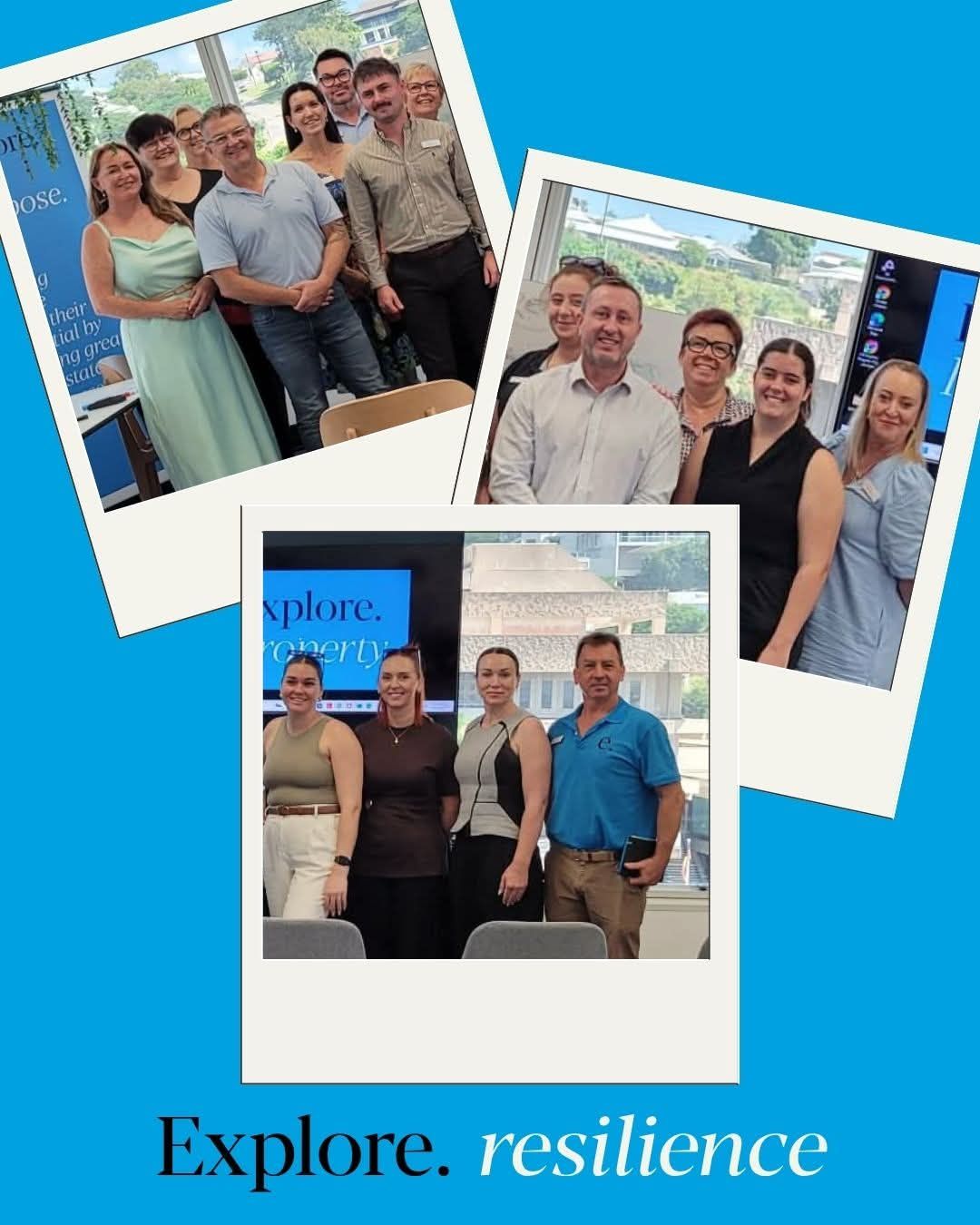 Three group photos on a blue background with the text “Explore. resilience” at the bottom.