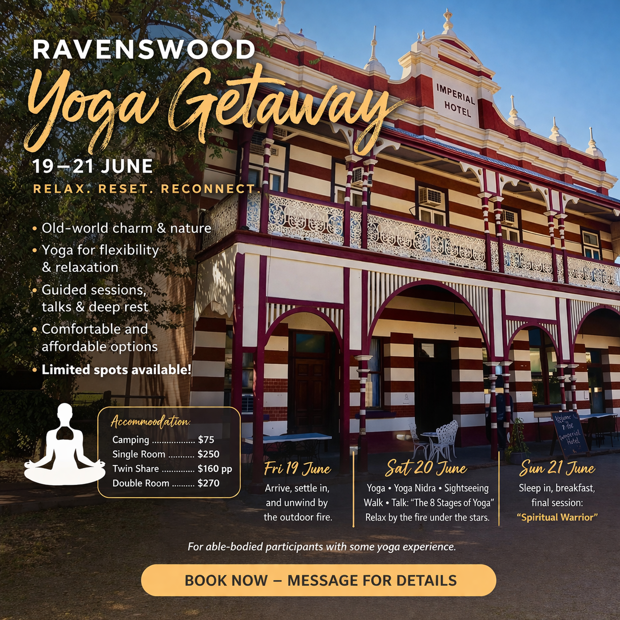 Ravenswood Yoga Getaway poster with temple facade, yoga silhouette, June dates, and book now banner