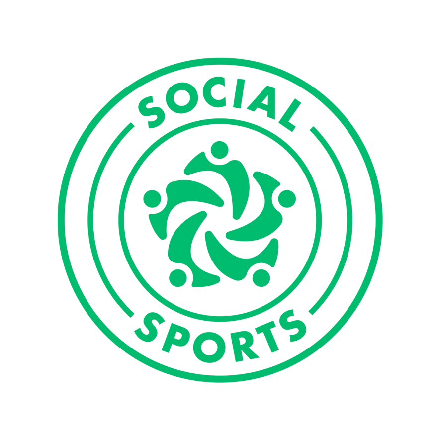 A green logo for social sports with a group of people in a circle.