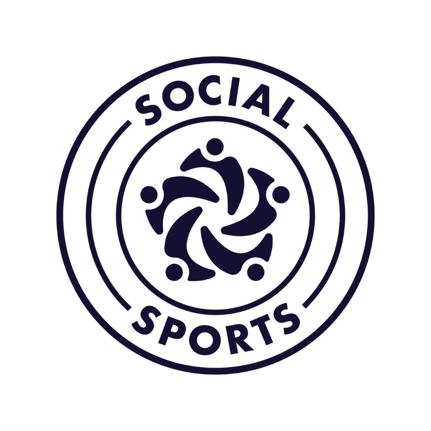 A logo for social sports with a group of people in a circle.