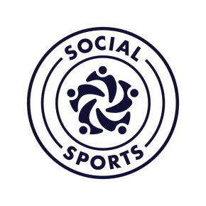 A logo for social sports with a group of people in a circle.
