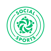 A green logo for social sports with a group of people in a circle.