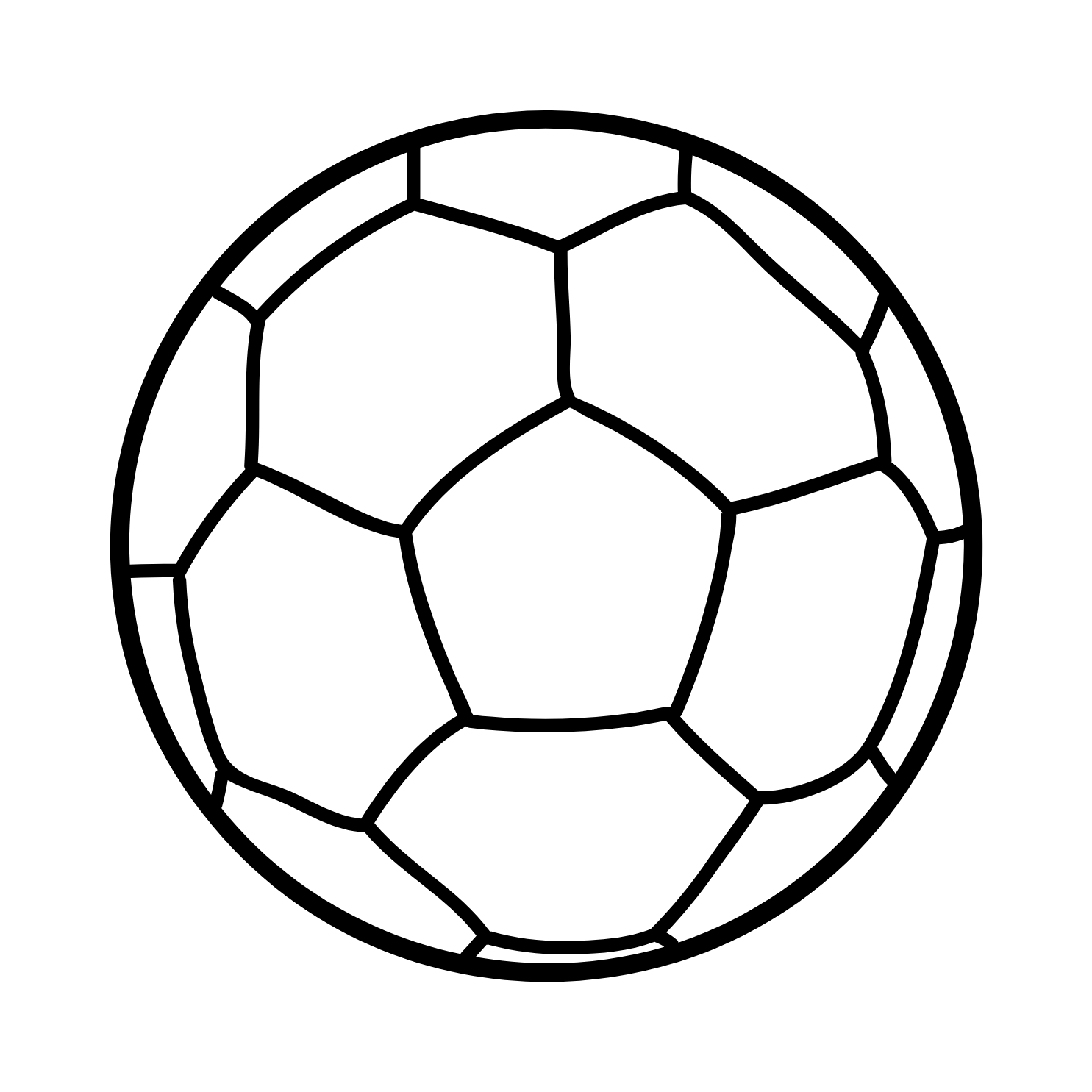 A black and white drawing of a soccer ball on a white background.