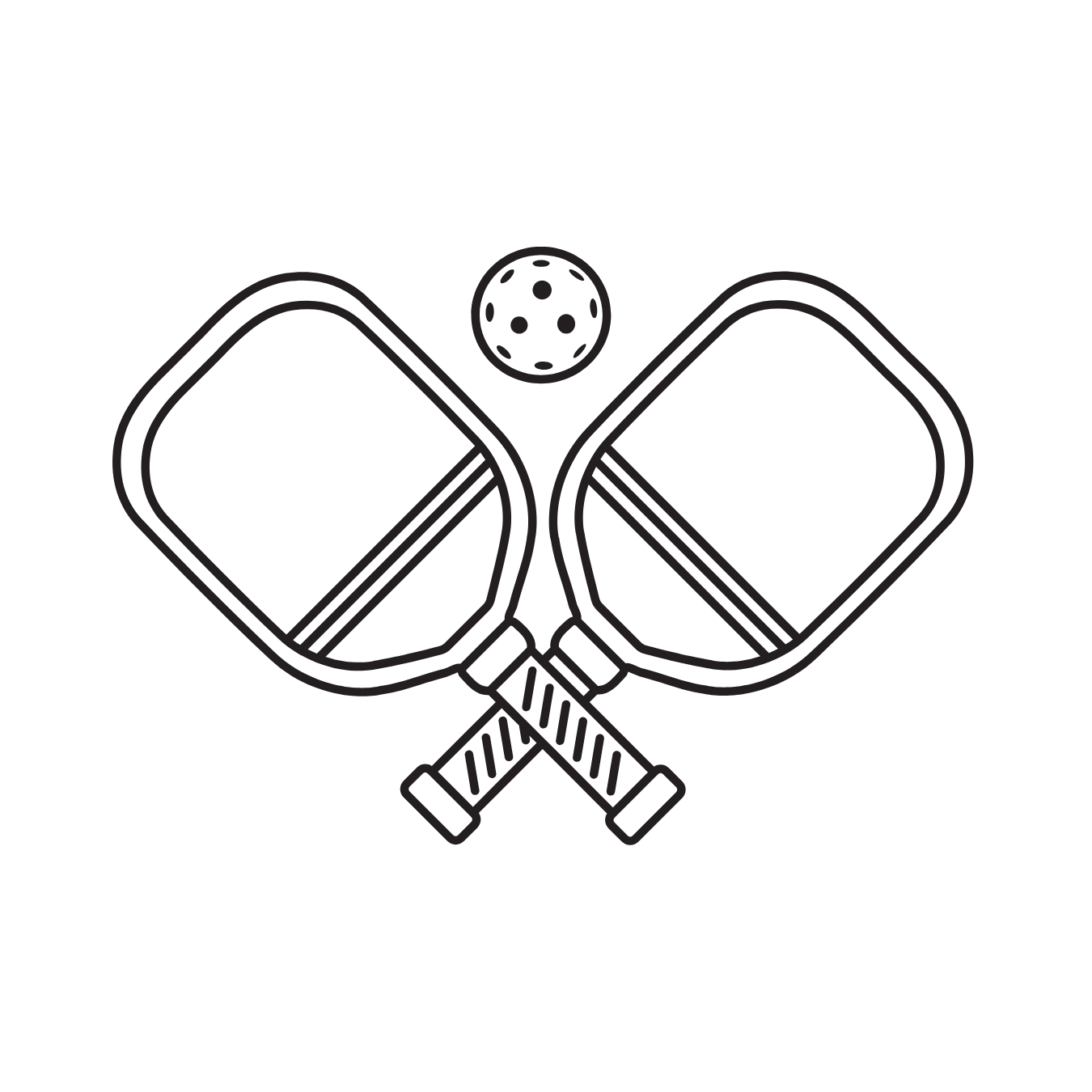 A black and white drawing of two pickleball rackets and a ball.