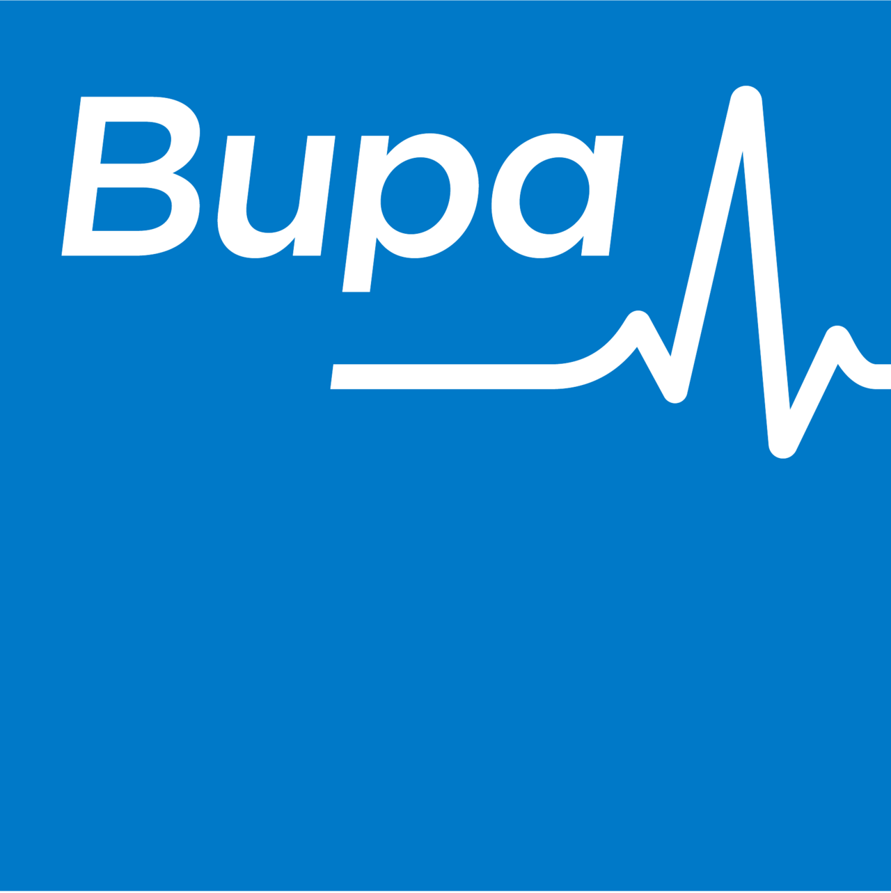 Bupa logo with blue square heartbeat icon and blue wordmark on white background