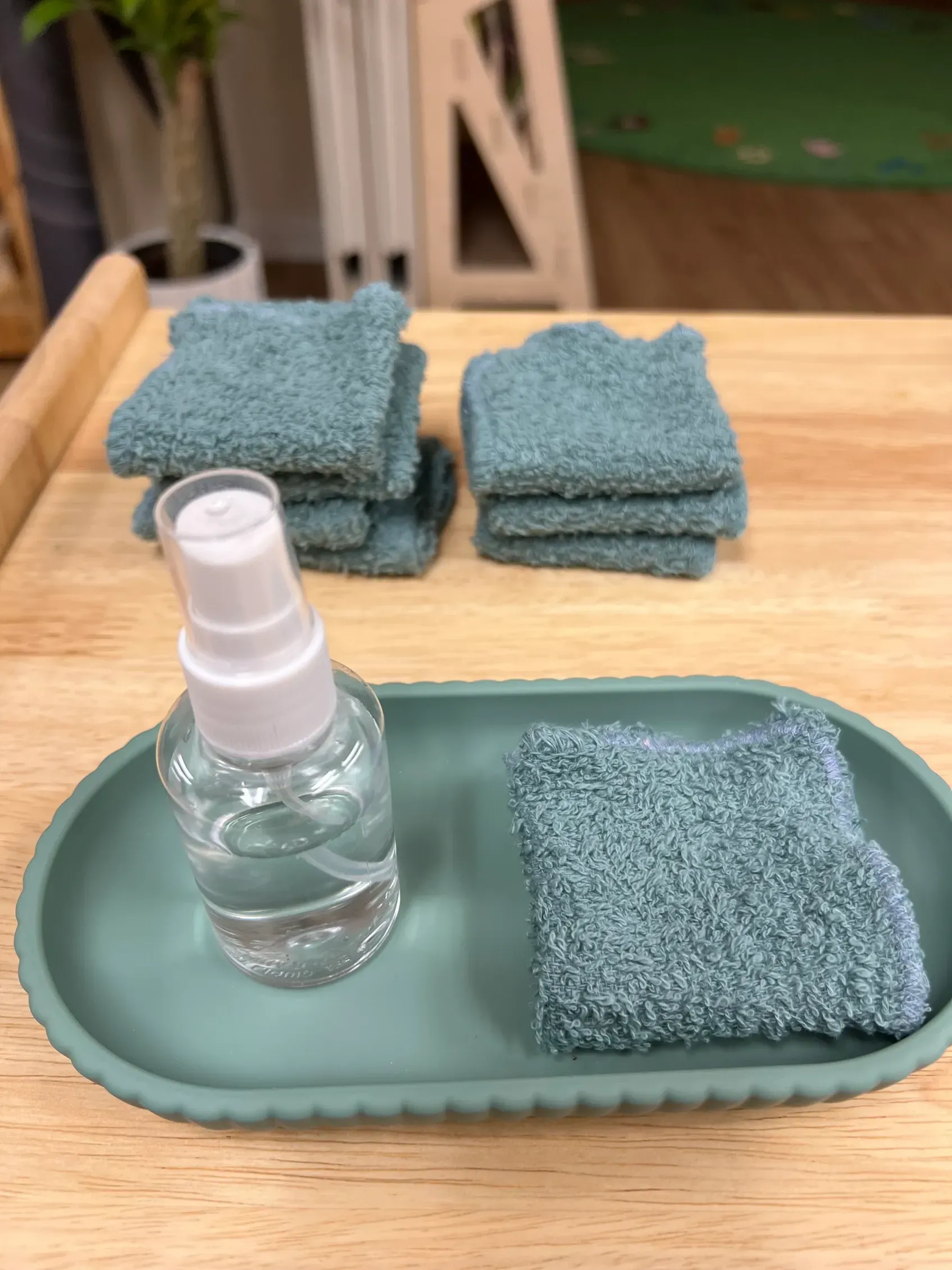 towel and spray bottle