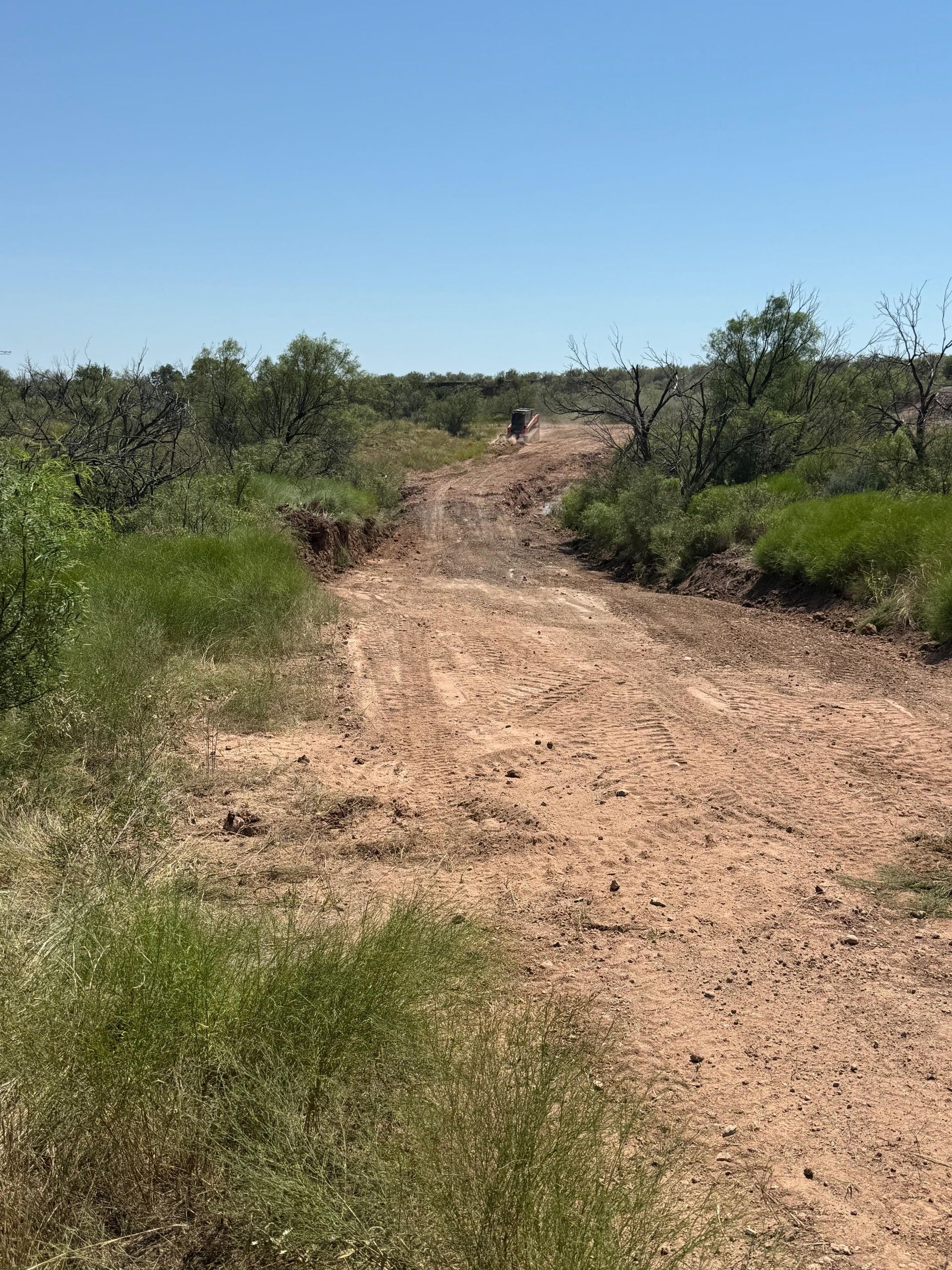 Dirt road through a grassy, arid landscape under a clear blue sky; a person and dog are walking in the distance.