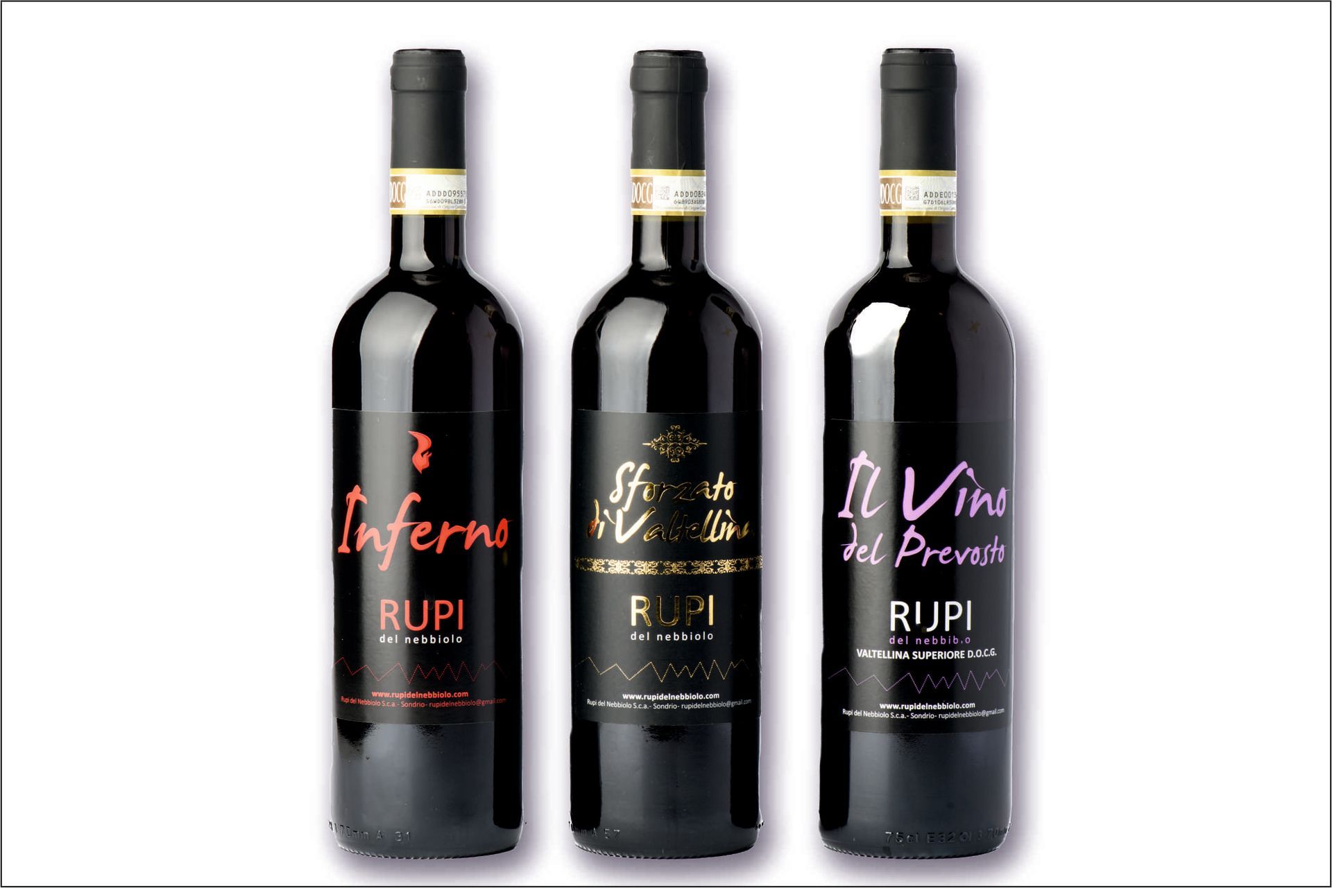 Three bottles of rupi wine are lined up next to each other