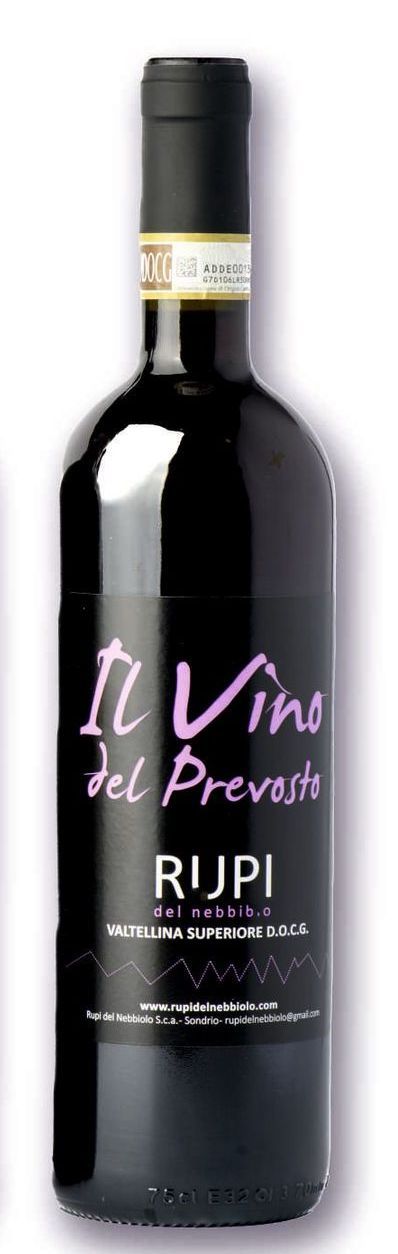 Una bottiglia di vino rupi con etichetta viola